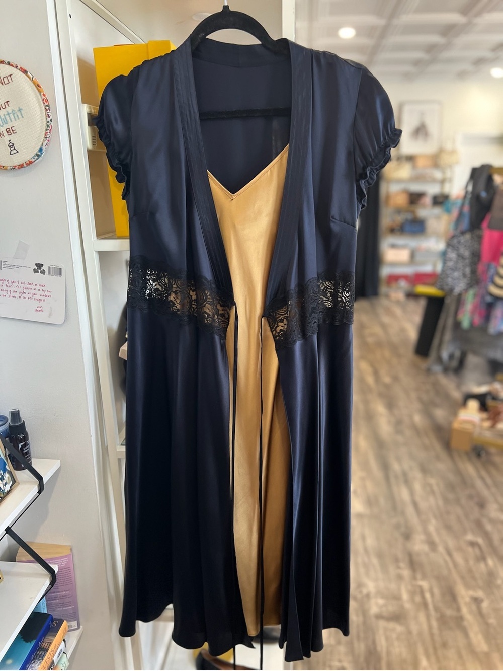 Navy Blue & Gold Satin Slip Dress with Lace Trim